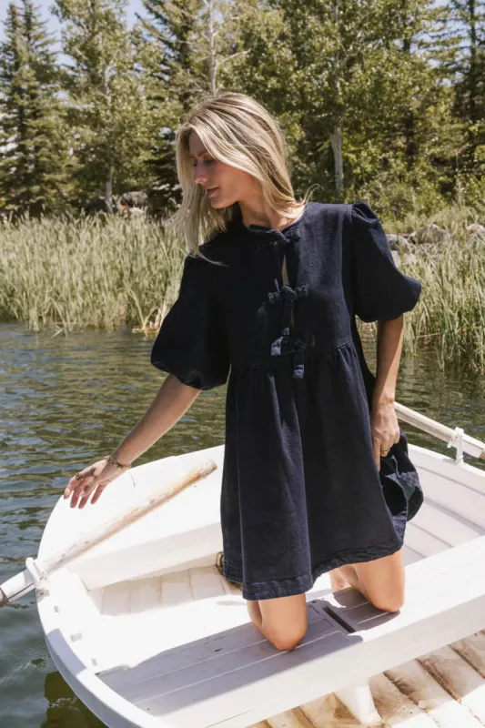 Tori Peplum Mini Dress in Dark Wash sold by bohme