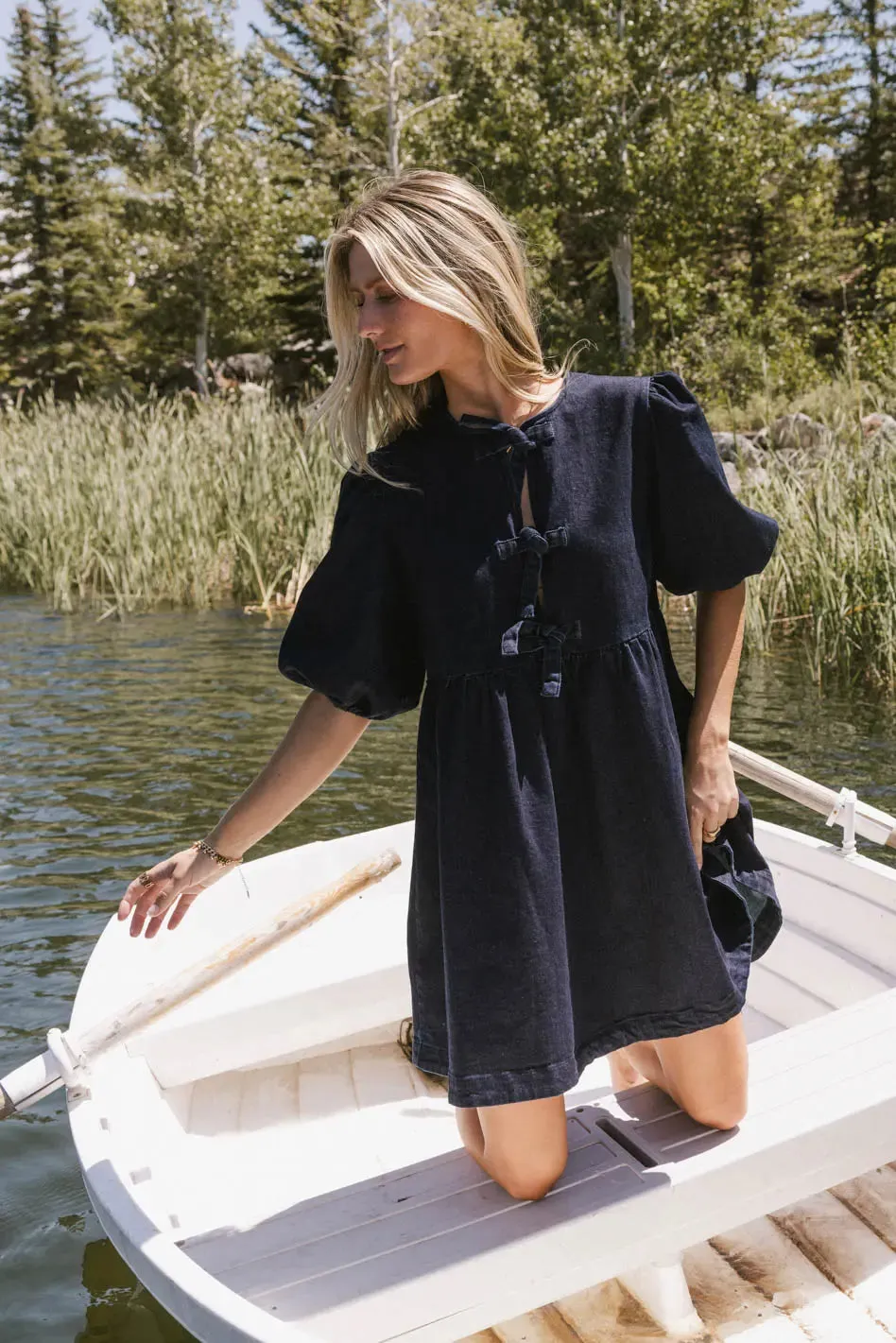 Tori Peplum Mini Dress in Dark Wash sold by bohme