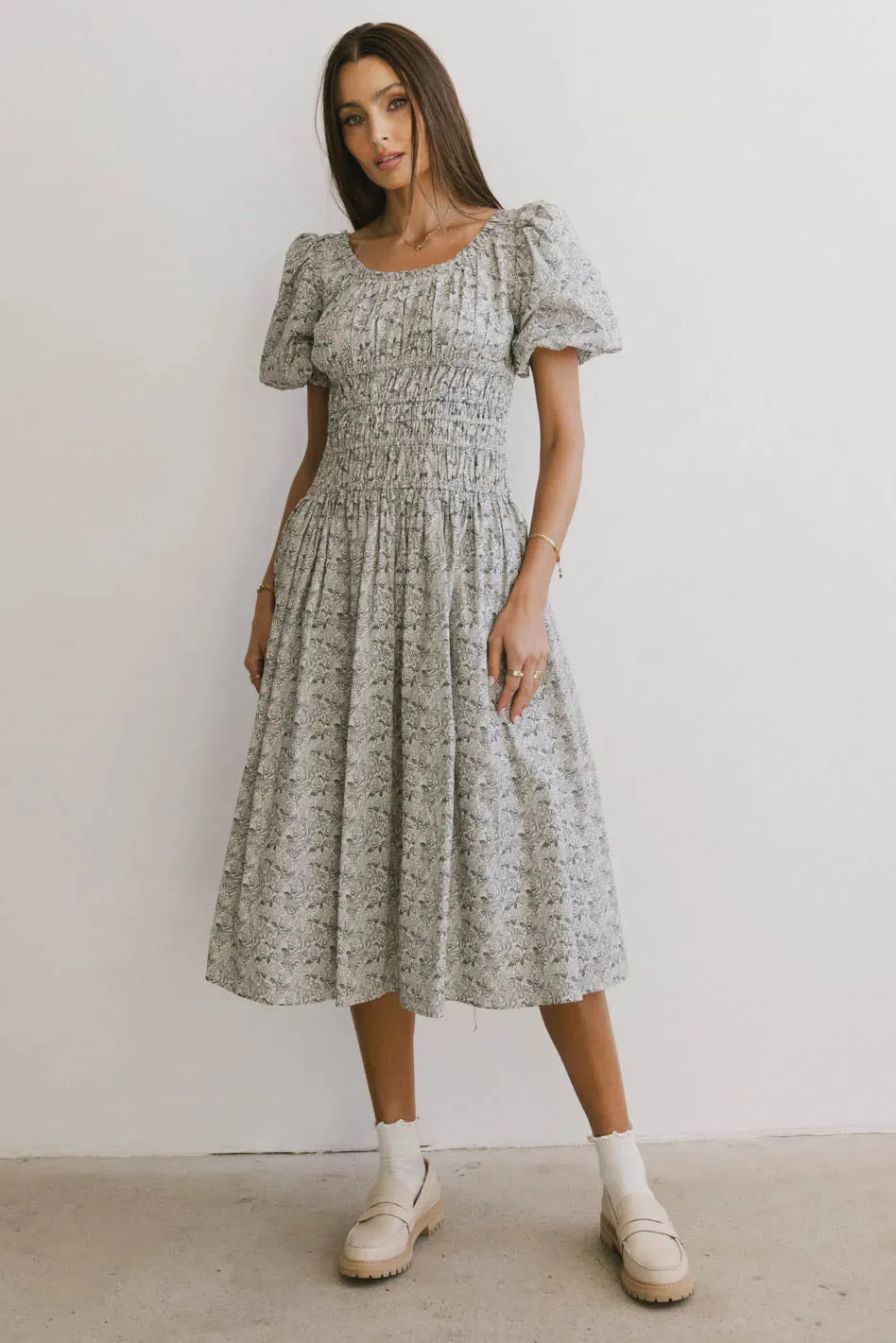 Lucille Smocked Floral Dress in Navy - FINAL SALE sold by bohme