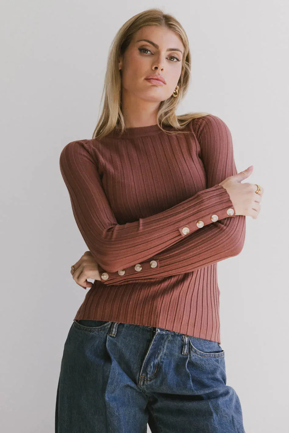 Lonnie Button Sleeve Sweater in Brown - FINAL SALE sold by bohme product image thumbnail 3