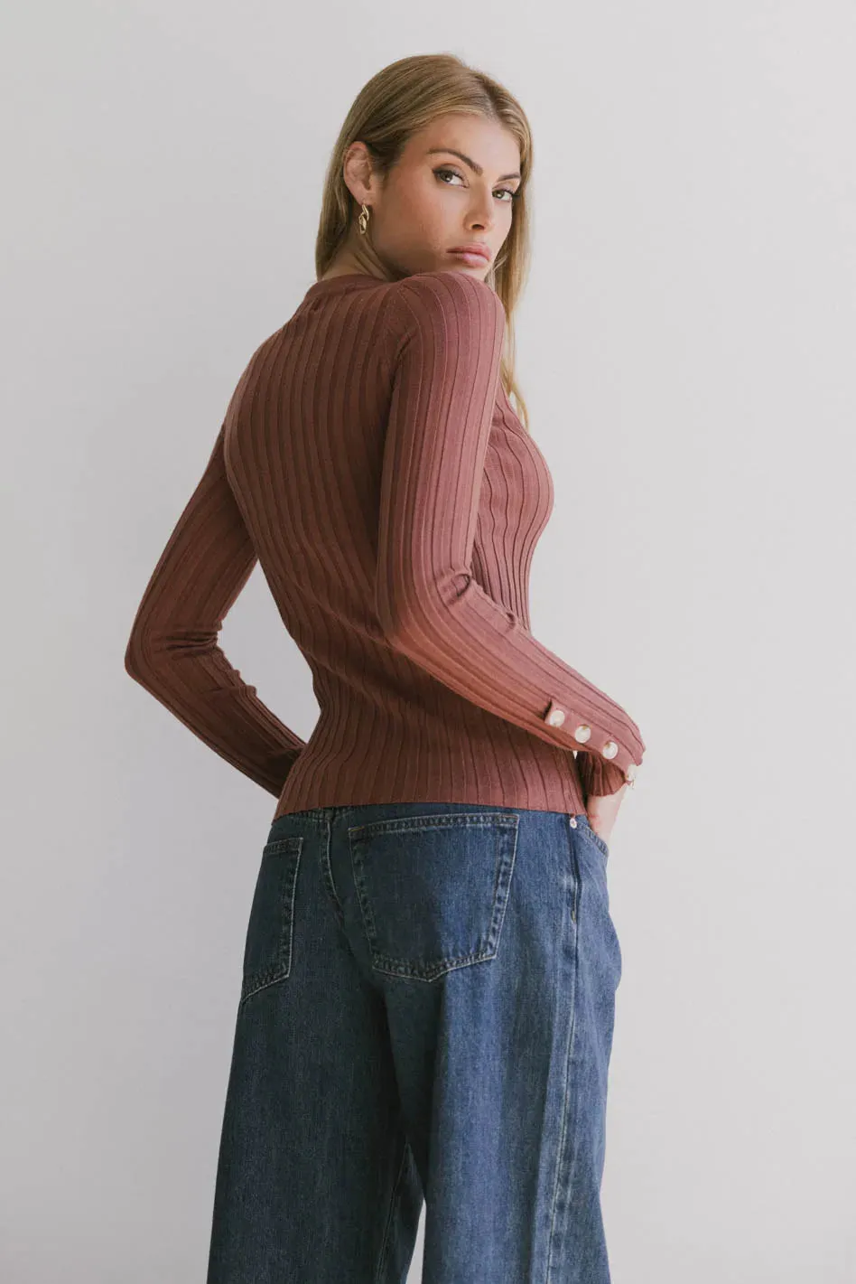 Lonnie Button Sleeve Sweater in Brown - FINAL SALE sold by bohme product image thumbnail 2