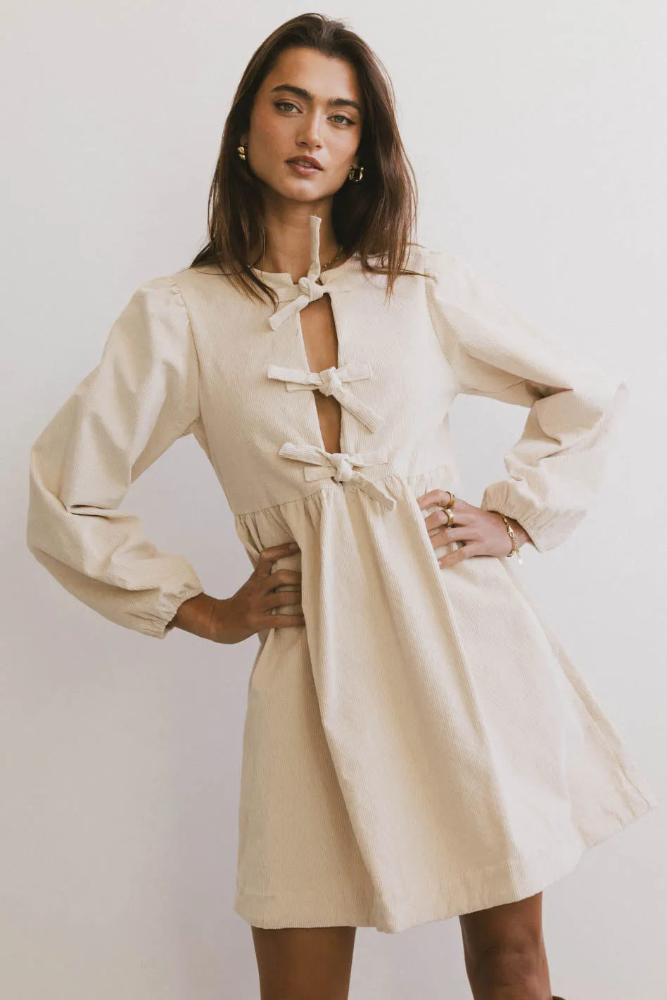 Tyler Peplum Mini Dress in Ivory Corduroy sold by bohme product image thumbnail 2