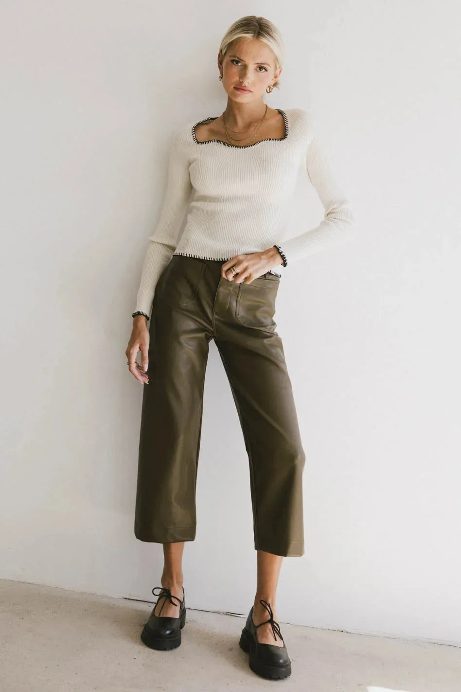 Sadie Wide Leg Pants in Olive Leather - FINAL SALE sold by bohme product image thumbnail 2