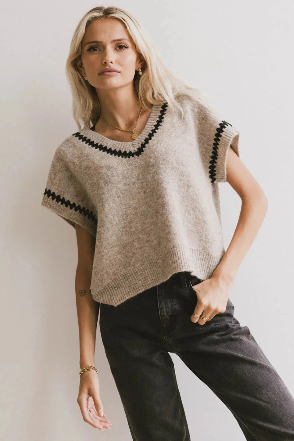 Hazel Embroidered Sweater Top in Oatmeal sold by bohme