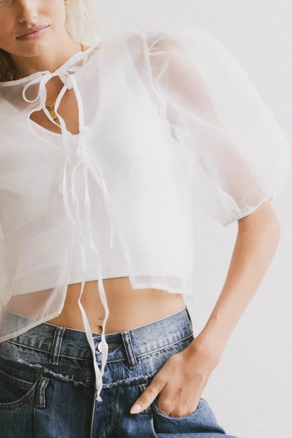 Zuri Sheer Tie Blouse in White - FINAL SALE sold by bohme product image thumbnail 2
