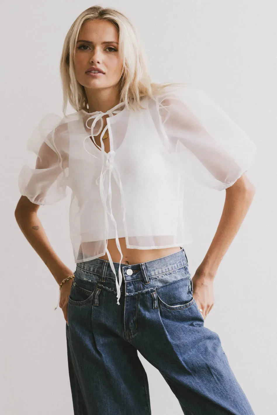 Zuri Sheer Tie Blouse in White - FINAL SALE sold by bohme