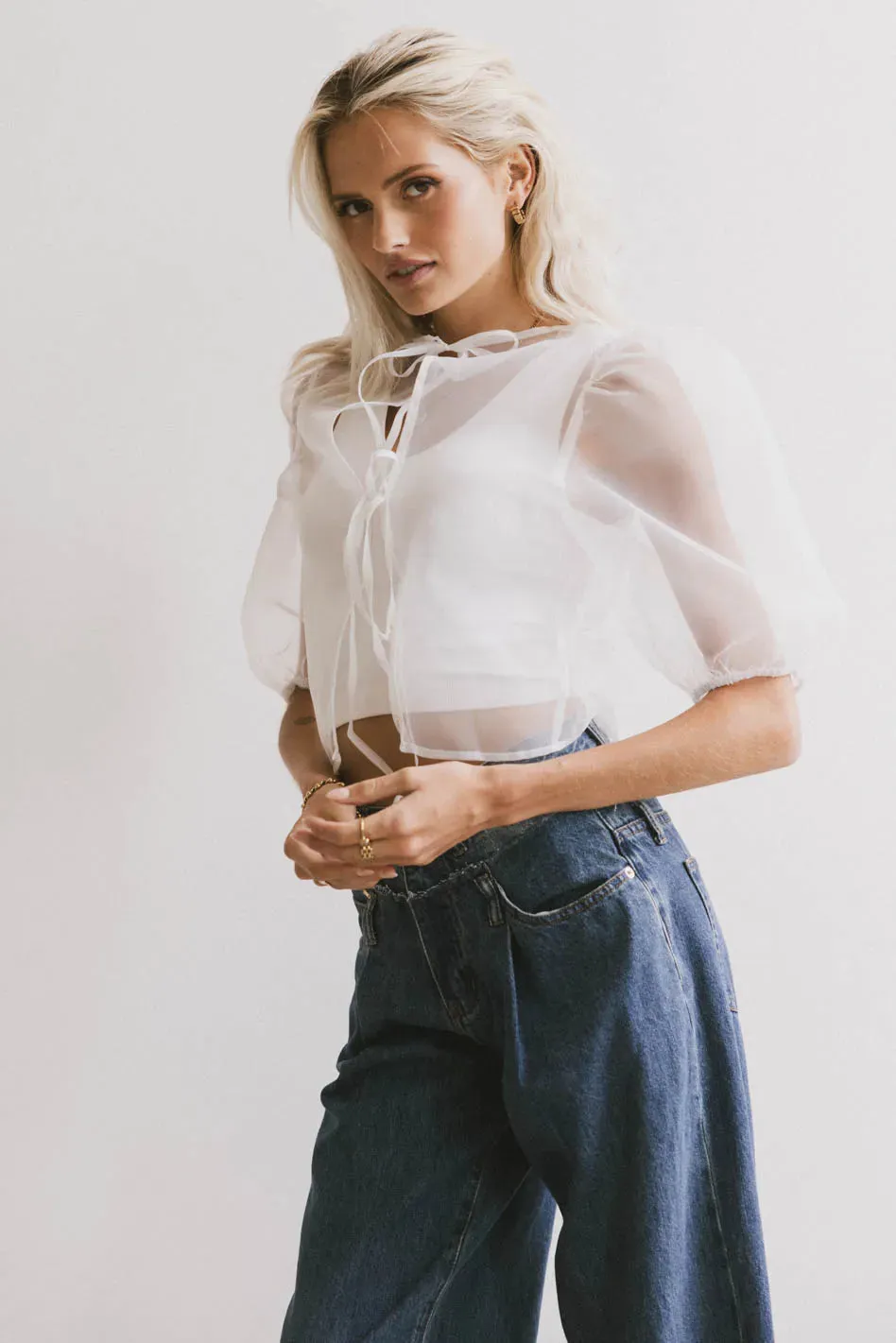Zuri Sheer Tie Blouse in White - FINAL SALE sold by bohme product image thumbnail 4