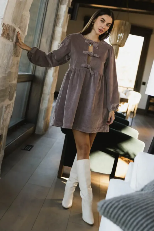 Tyler Peplum Mini Dress in Mauve Corduroy sold by bohme