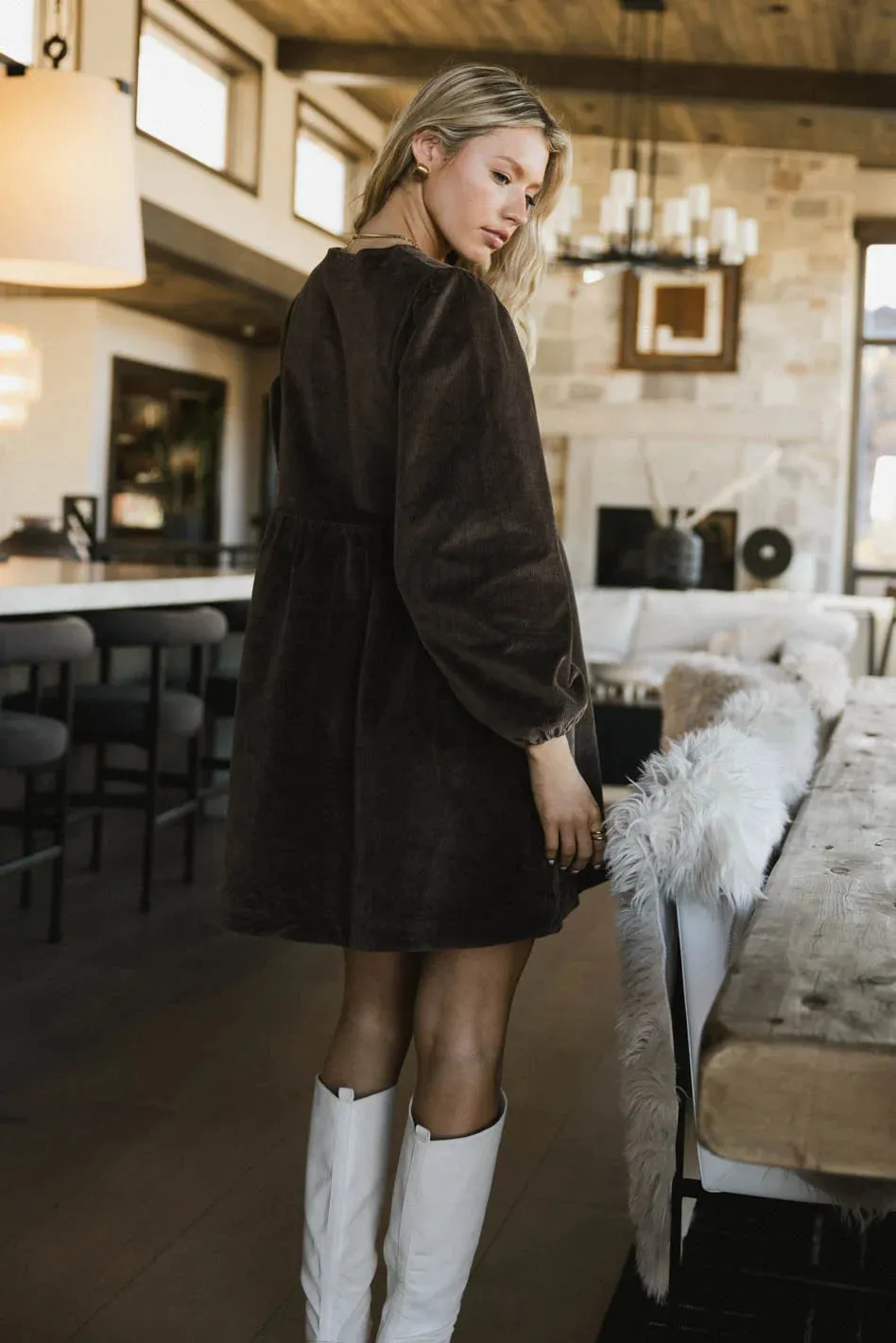 Tyler Peplum Mini Dress in Brown Corduroy sold by bohme product image thumbnail 3