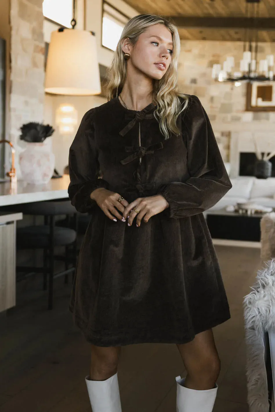 Tyler Peplum Mini Dress in Brown Corduroy sold by bohme product image thumbnail 4
