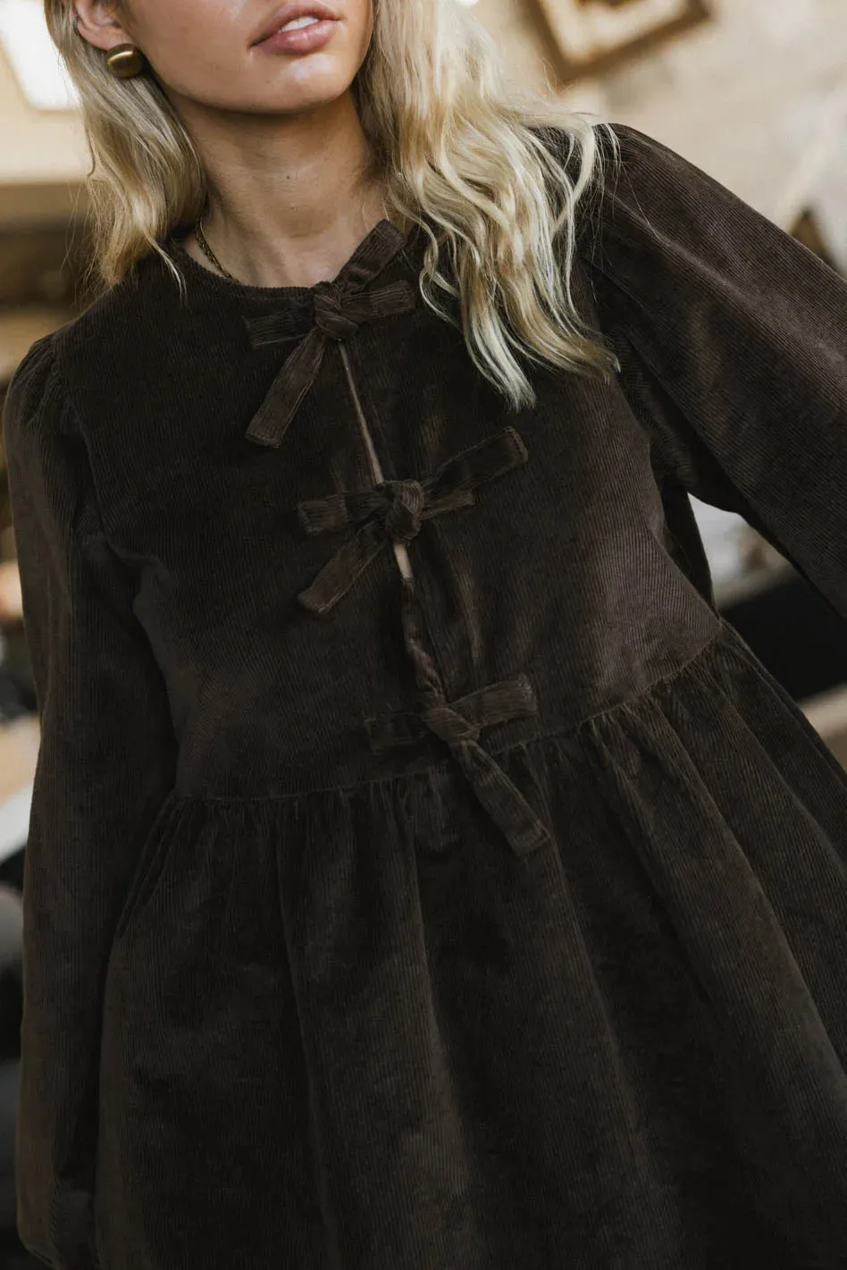 Tyler Peplum Mini Dress in Brown Corduroy sold by bohme product image thumbnail 2