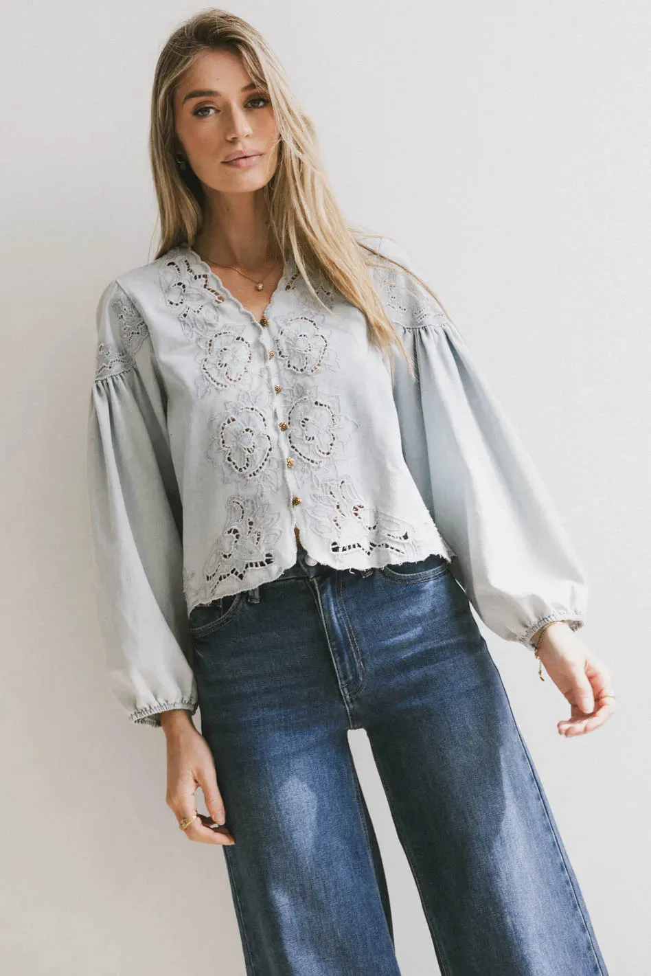 Violet Embroidered Blouse in Denim sold by bohme product image thumbnail 4