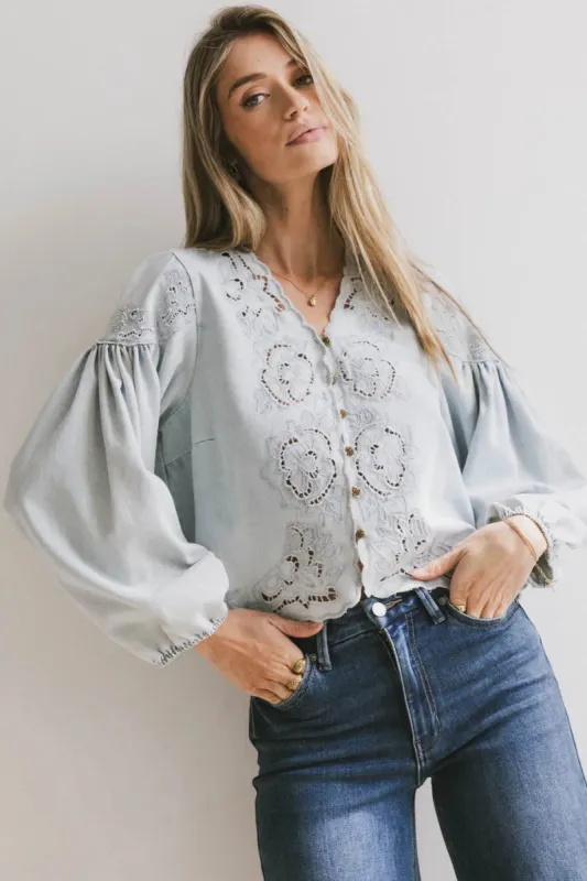 Violet Embroidered Blouse in Denim sold by bohme