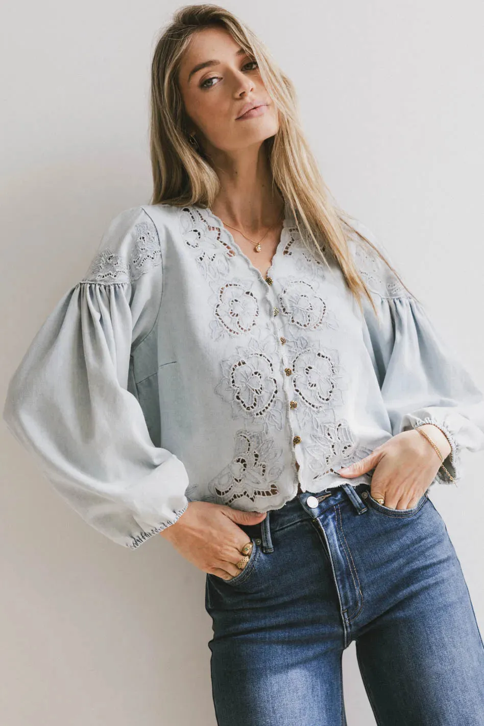 Violet Embroidered Blouse in Denim sold by bohme
