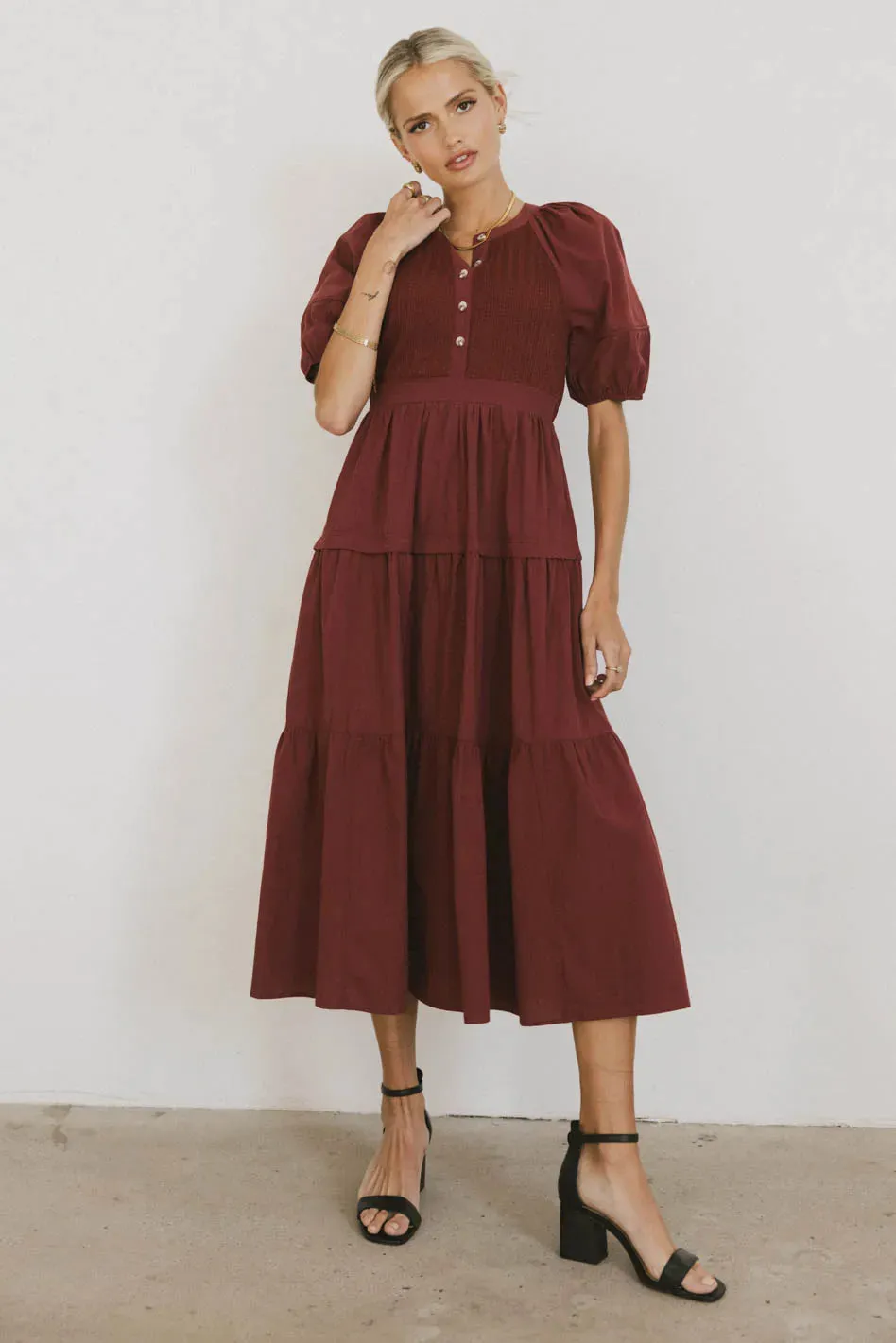 Leandra Maxi Dress in Burgundy sold by bohme
