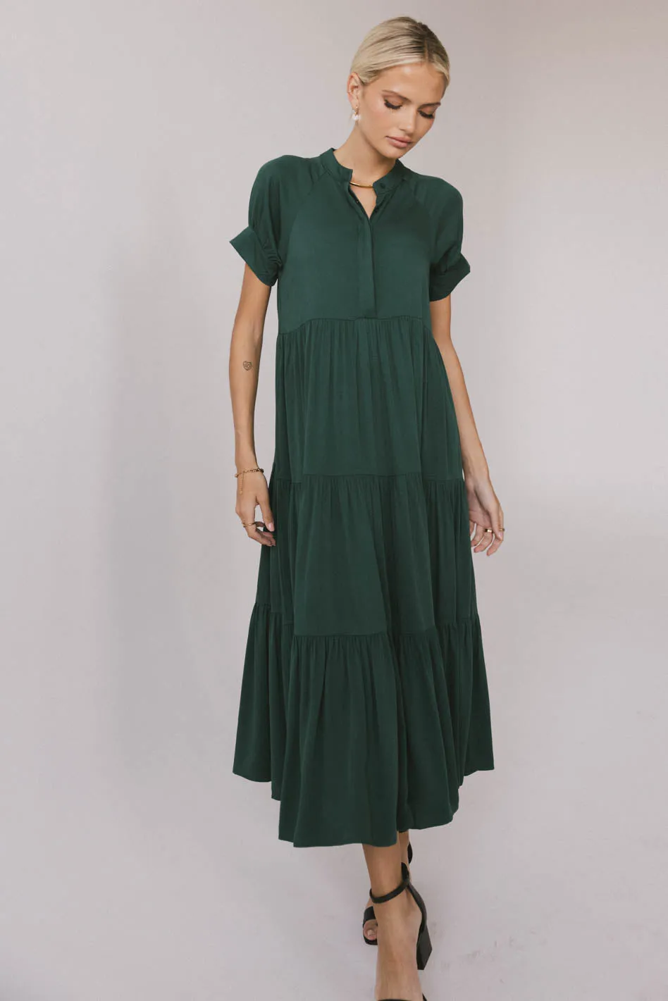 Amanda Tiered Dress in Emerald sold by bohme