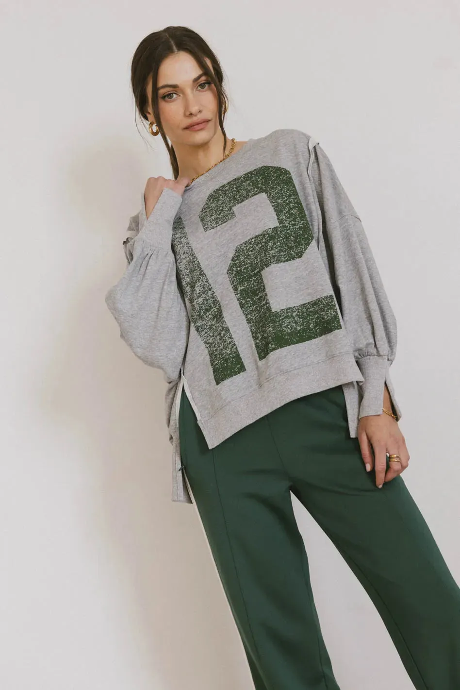 Varsity Distressed Top in Grey sold by bohme
