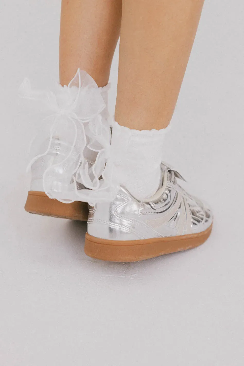 Ruffle Bow Socks in White sold by bohme