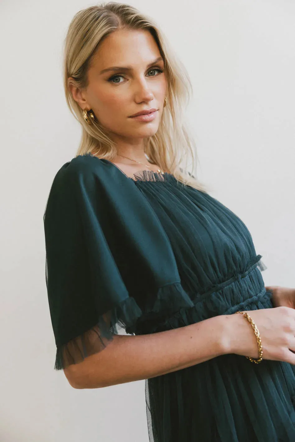 Eugena Ruffled Maxi Dress in Hunter Green - FINAL SALE sold by bohme product image thumbnail 4