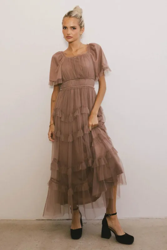 Eugena Ruffled Maxi Dress in Mocha - FINAL SALE sold by bohme