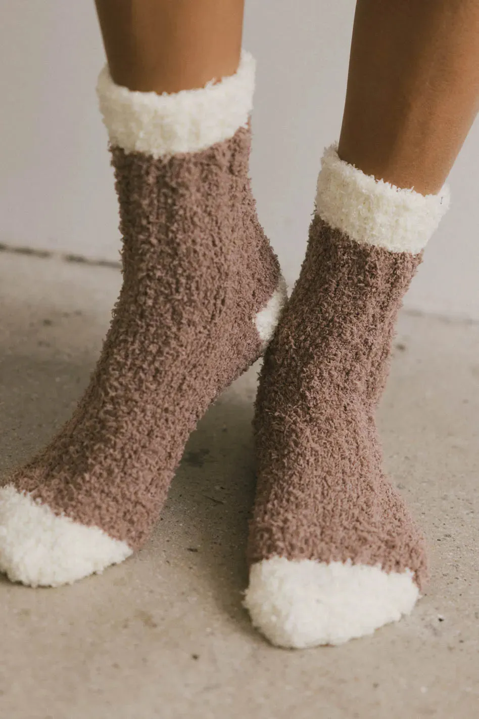 Fuzzy Contrast Socks in Brown sold by bohme