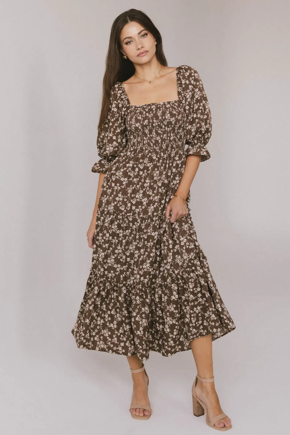 Kiran Floral Midi Dress in Brown - FINAL SALE sold by bohme