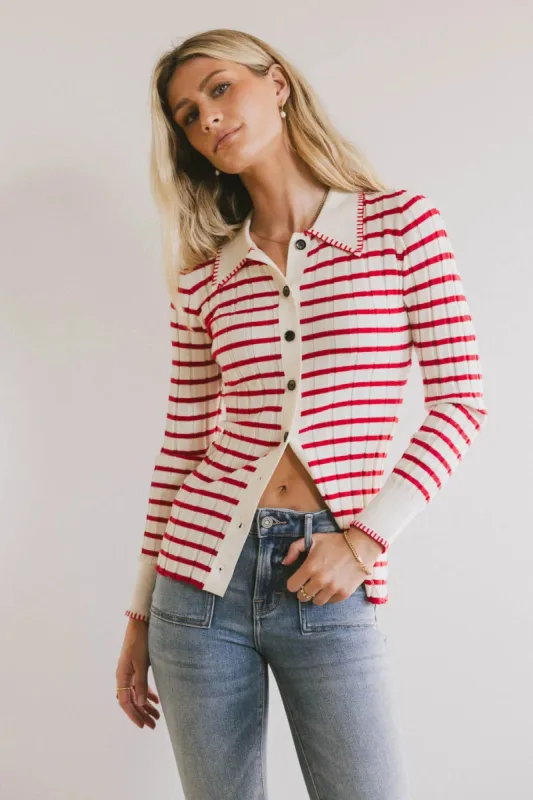 Harrison Striped Collared Top in Red - FINAL SALE sold by bohme