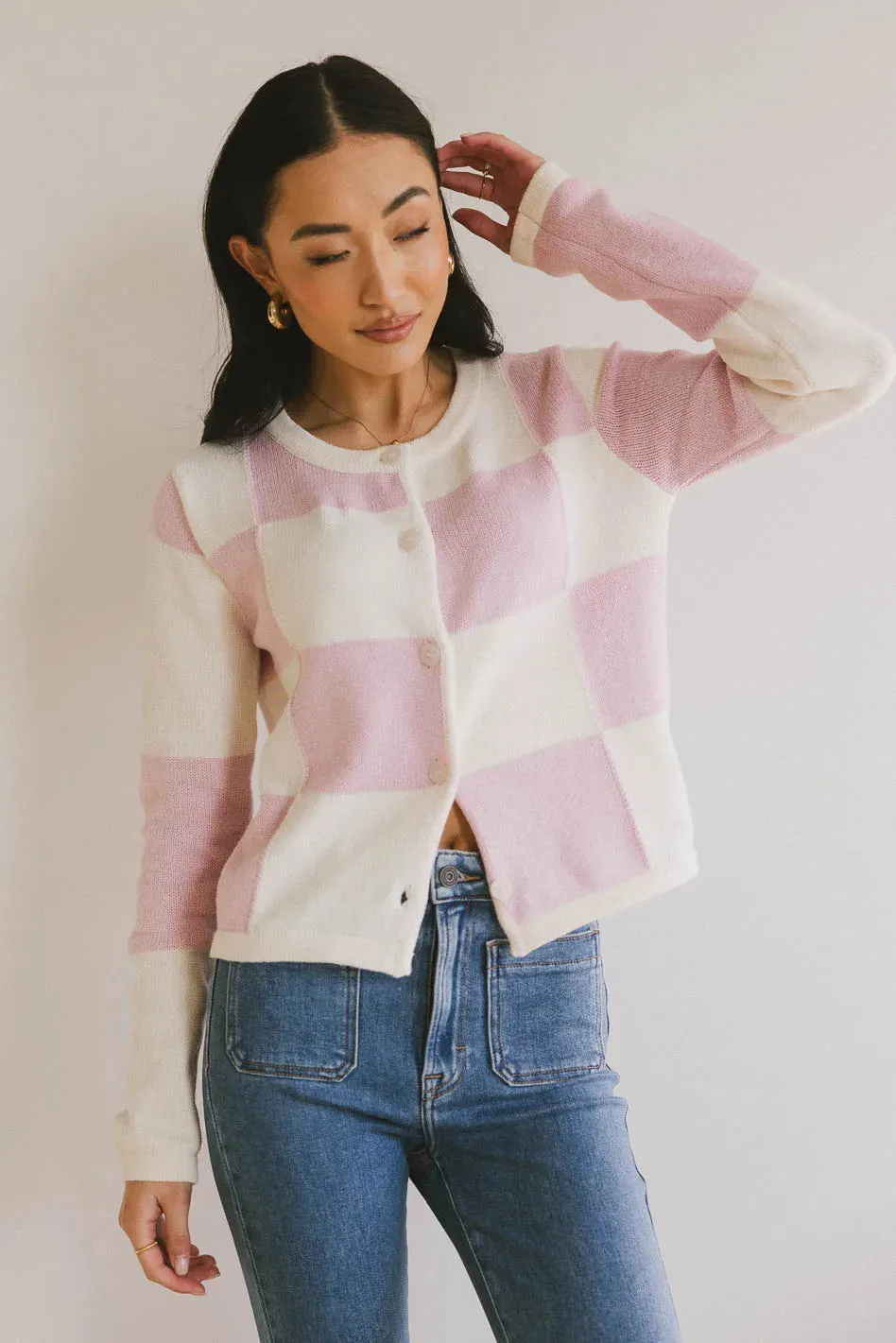 Sia Checkered Cardigan in Pink - FINAL SALE sold by bohme product image thumbnail 5