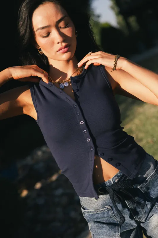 Lucas Button Up Tank Top in Navy sold by bohme