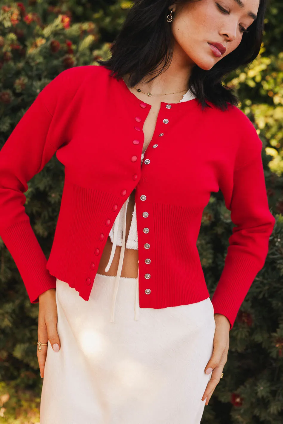 Julia Ribbed Cardigan in Red sold by bohme