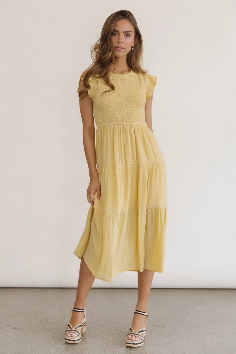 Cara Smocked Midi Dress in Yellow - FINAL SALE sold by bohme