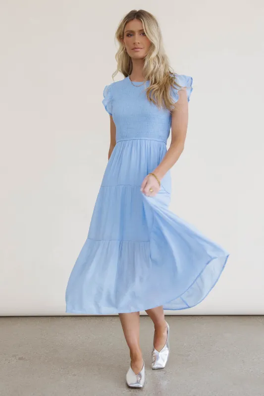 Cara Smocked Midi Dress in Blue - FINAL SALE sold by bohme