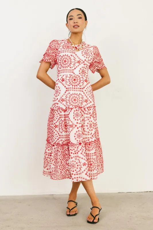 Alena Eyelet Lace Dress in Red sold by bohme