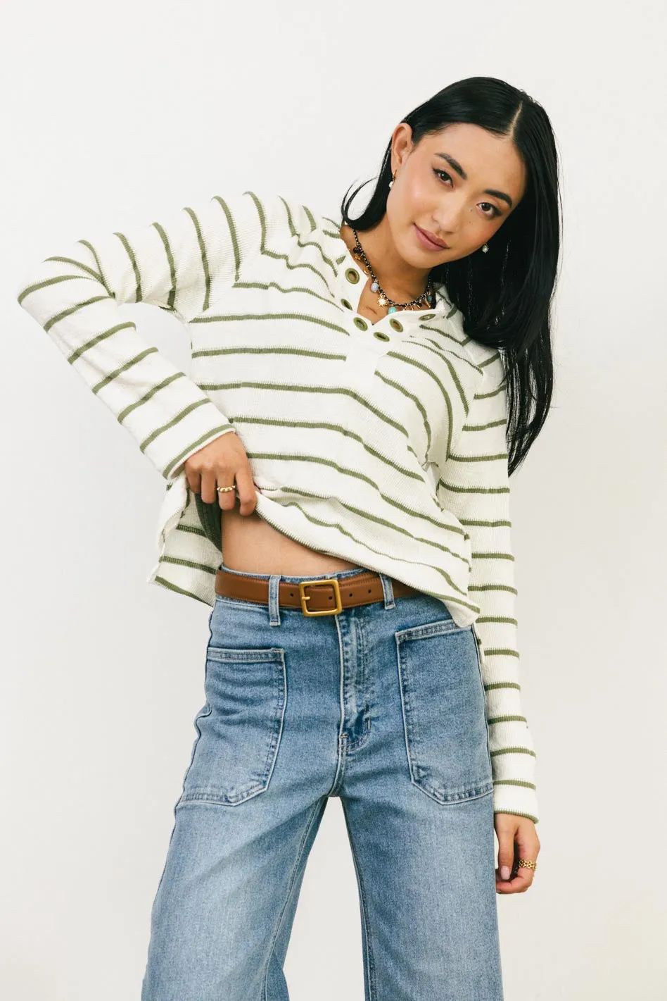 Franny Striped Grommet Top in Olive - FINAL SALE sold by bohme