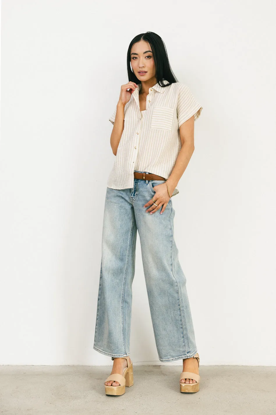 Markie Striped Button Up in Khaki - FINAL SALE sold by bohme