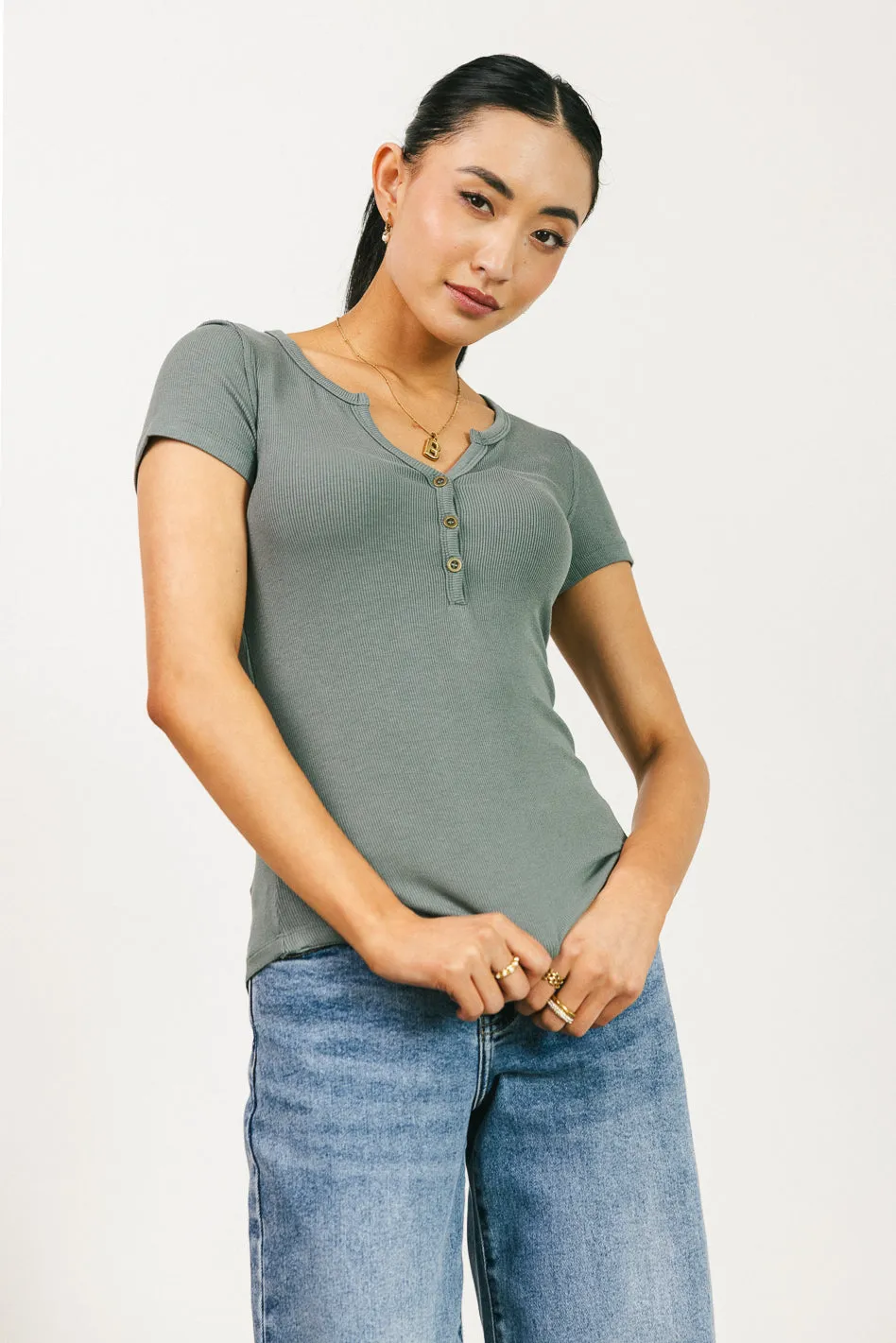 Serena Henley Top in Sage - FINAL SALE sold by bohme product image thumbnail 5