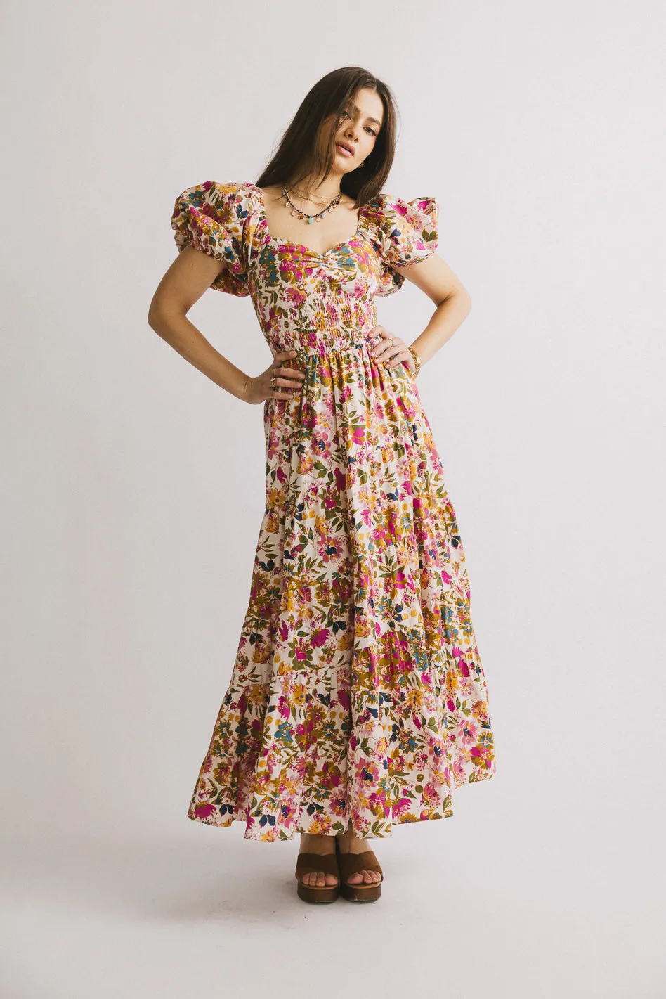PREORDER- Theodosia Floral Midi Dress in Pink sold by bohme