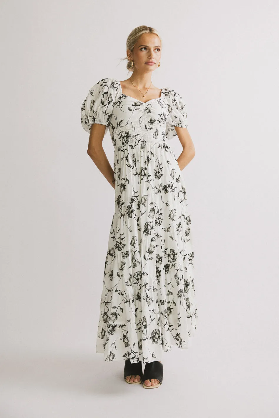 PREORDER- Theodosia Floral Midi Dress in White sold by bohme