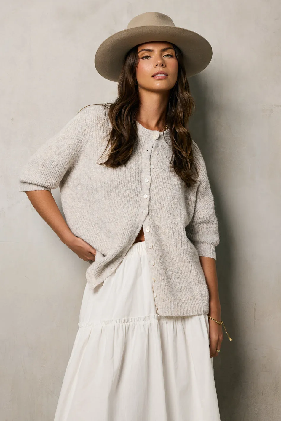 Leah Knit Cardigan in Oatmeal sold by bohme