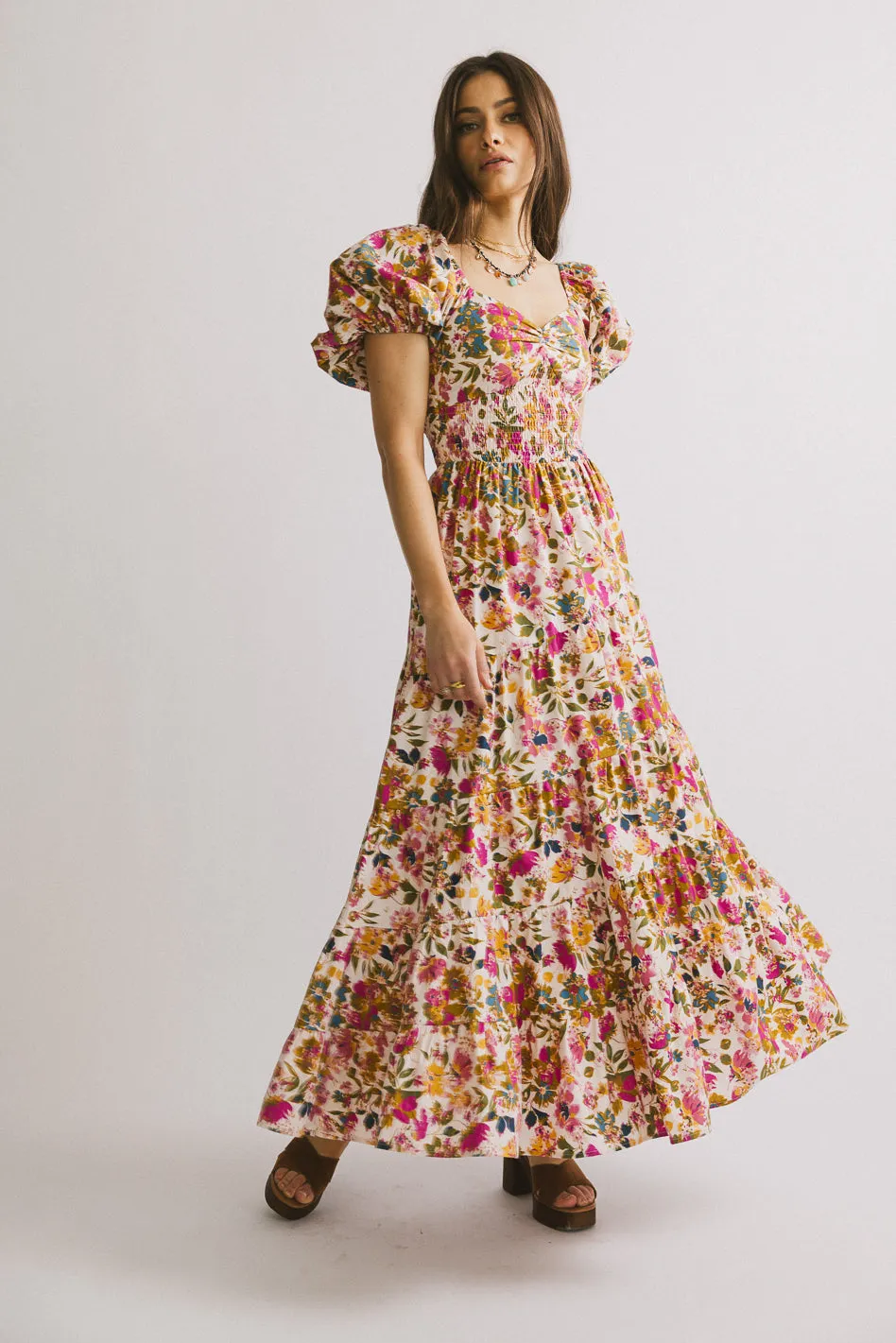 Robbie Floral Midi Dress in Pink sold by bohme