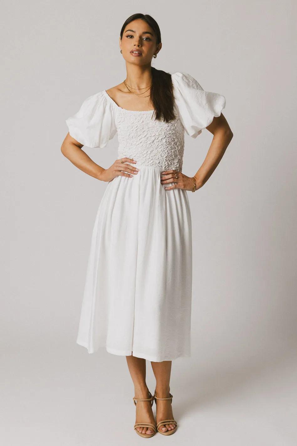 Janie Smocked Midi Dress in White - FINAL SALE sold by bohme