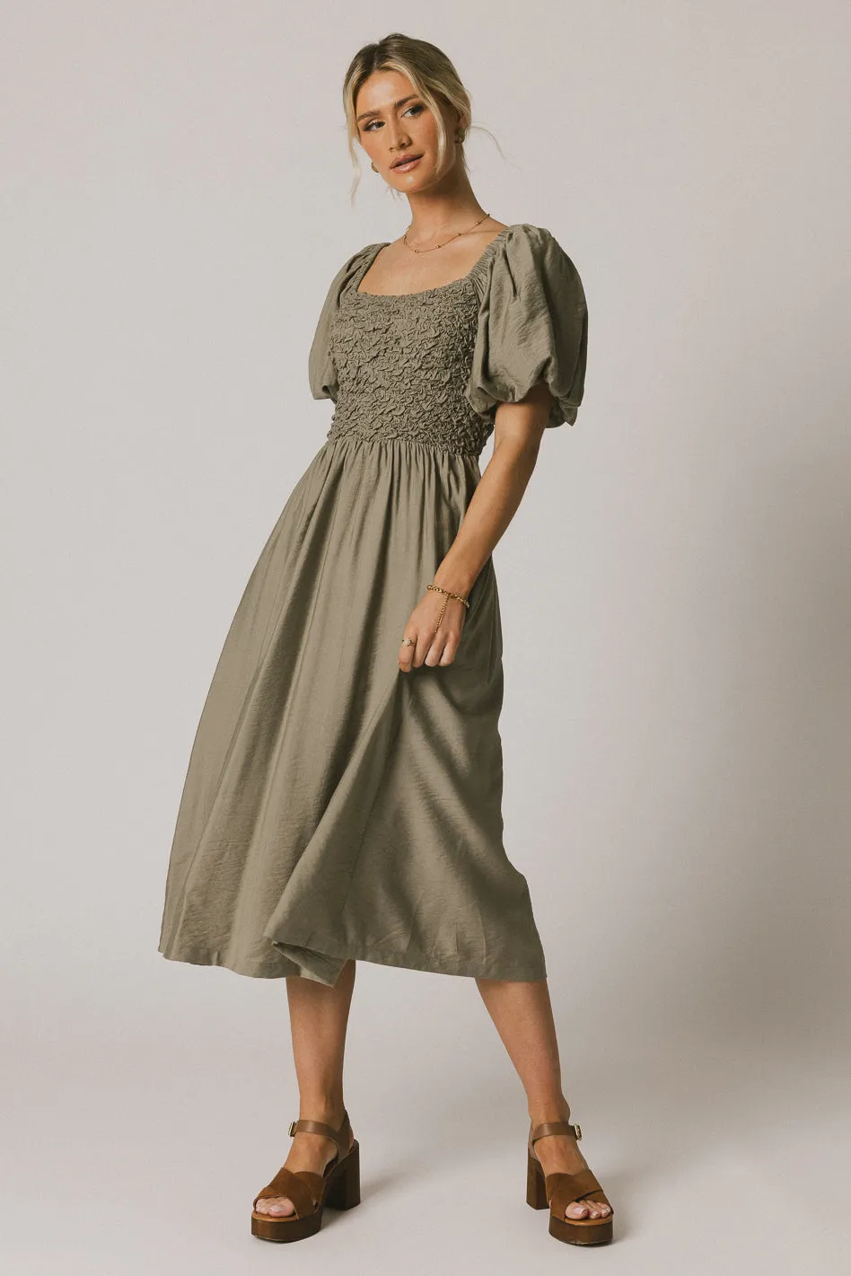 Janie Smocked Midi Dress in Olive - FINAL SALE sold by bohme product image thumbnail 4