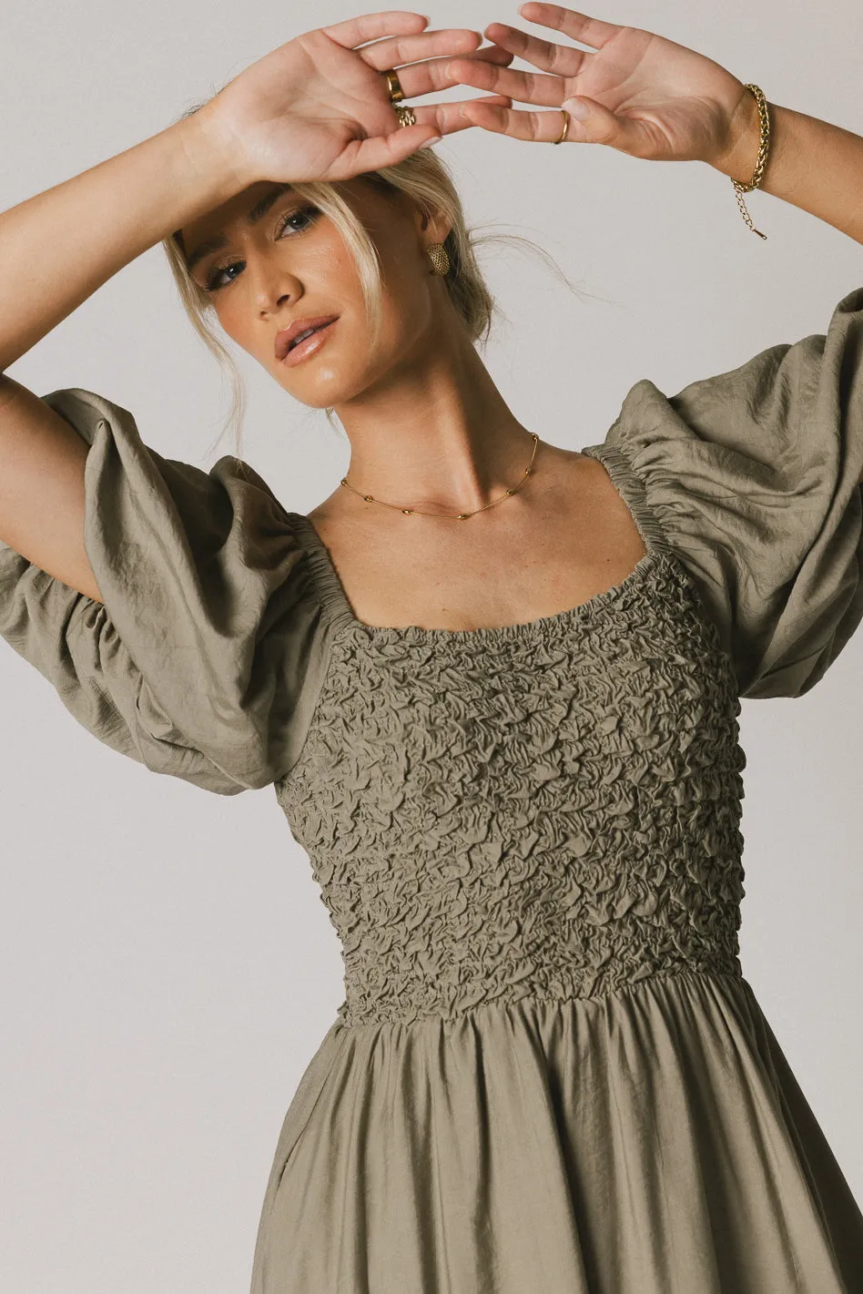 Janie Smocked Midi Dress in Olive - FINAL SALE sold by bohme product image thumbnail 2