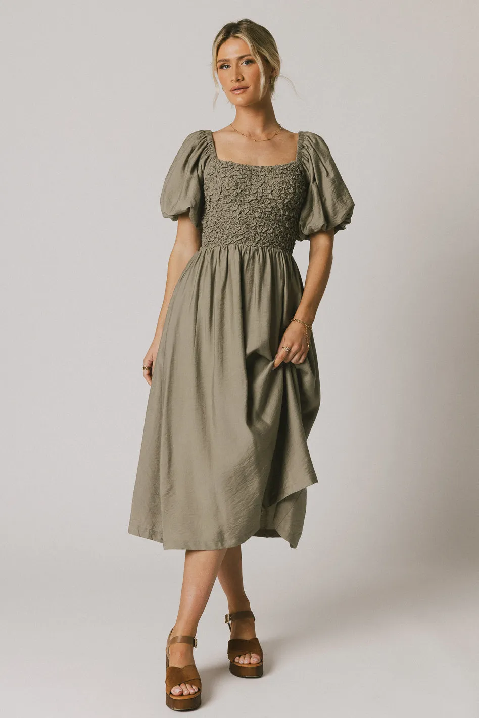 Janie Smocked Midi Dress in Olive - FINAL SALE sold by bohme