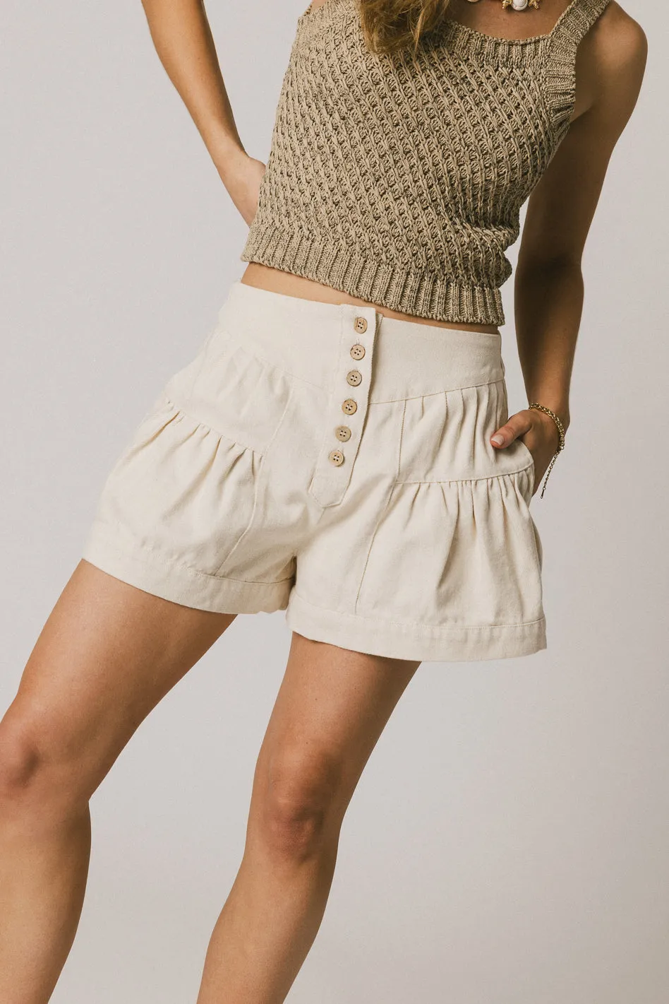 Harpa Tiered Mini Shorts in Oatmeal - FINAL SALE sold by bohme