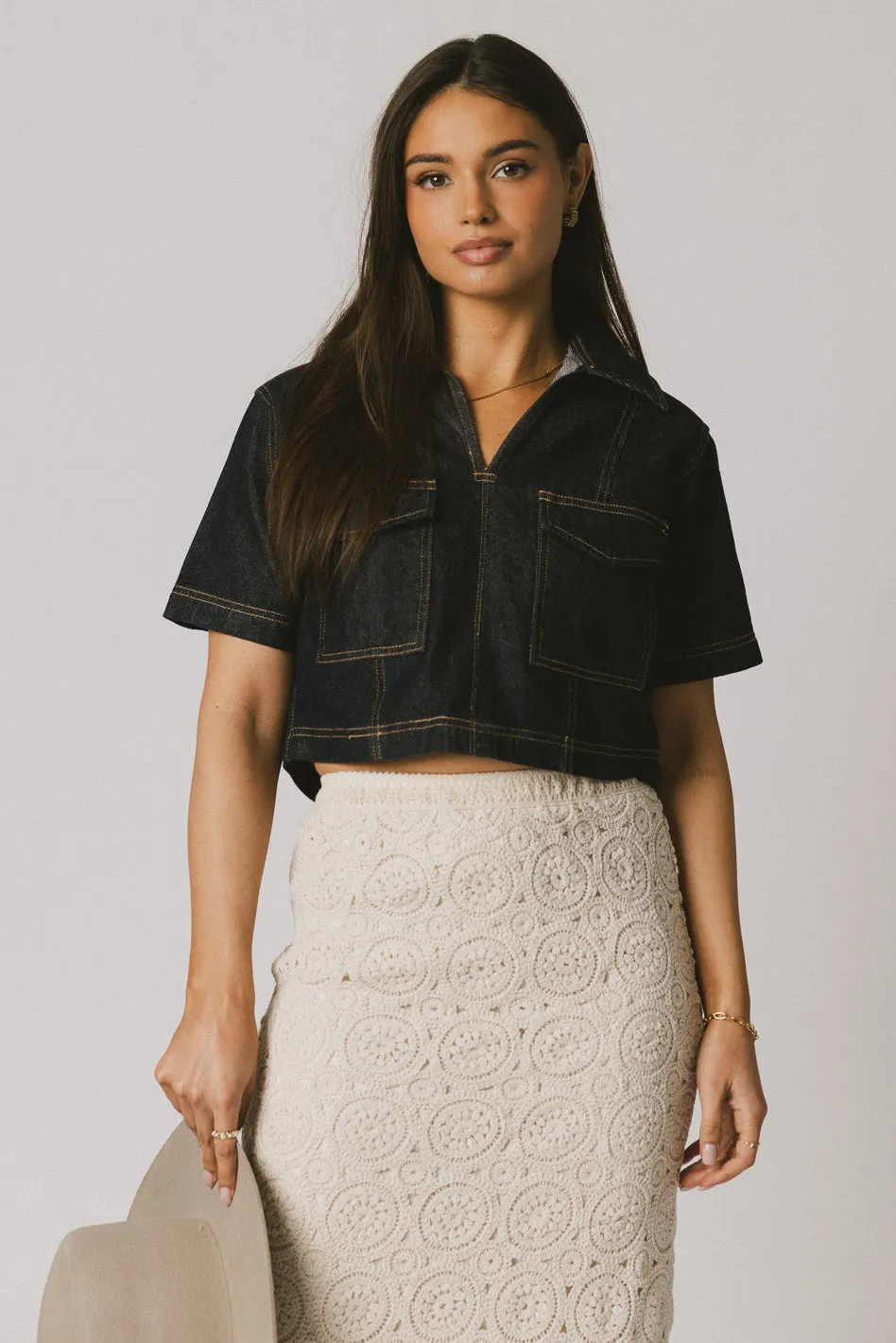 Farris Denim Collared Top in Dark Wash - FINAL SALE sold by bohme product image thumbnail 2