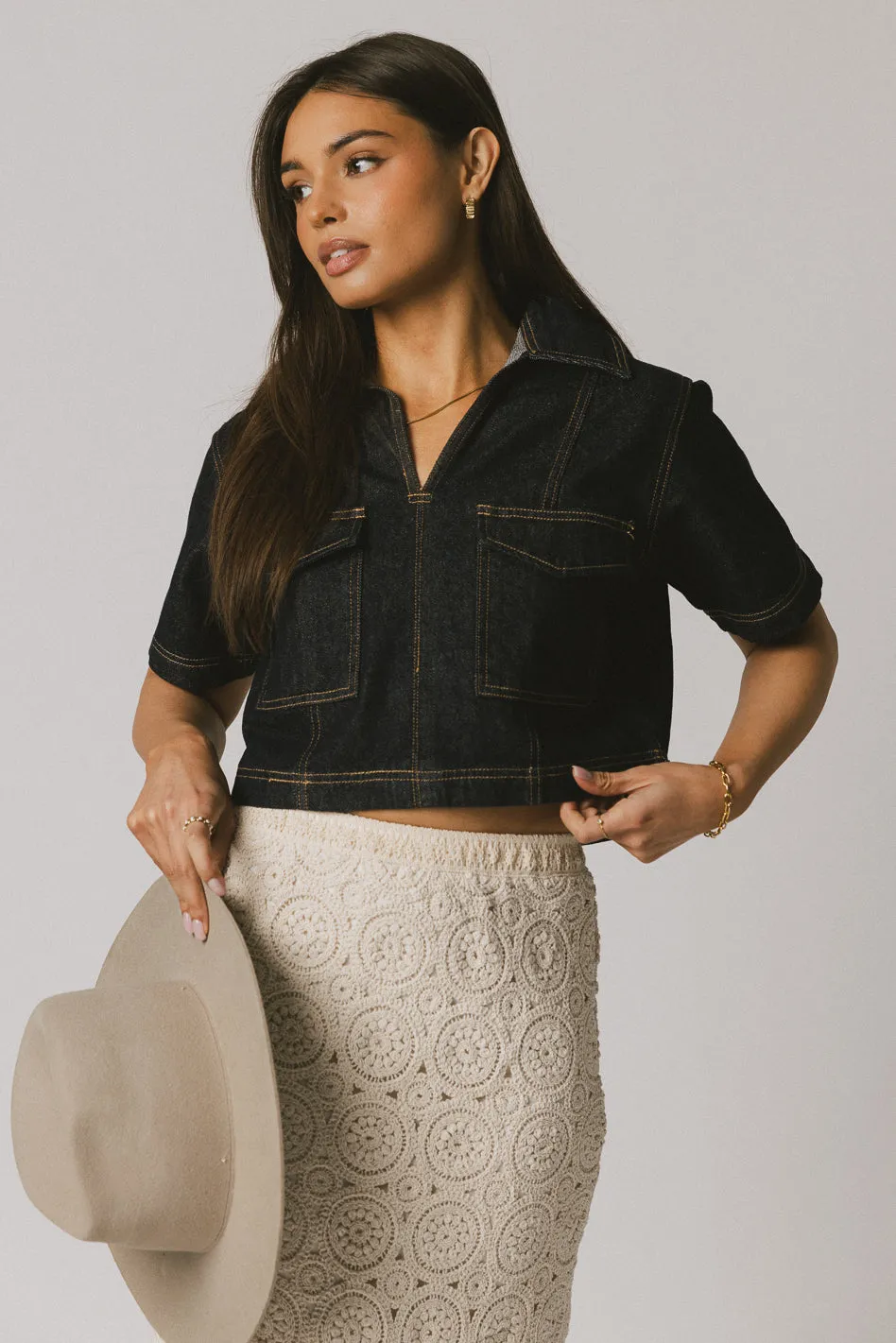 Farris Denim Collared Top in Dark Wash - FINAL SALE sold by bohme product image thumbnail 4