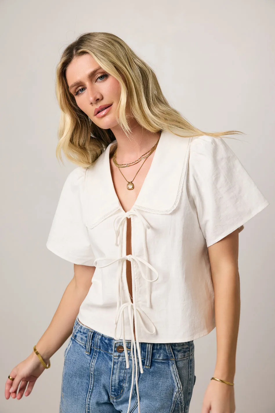 Ethan Tie Front Blouse in White sold by bohme product image thumbnail 4