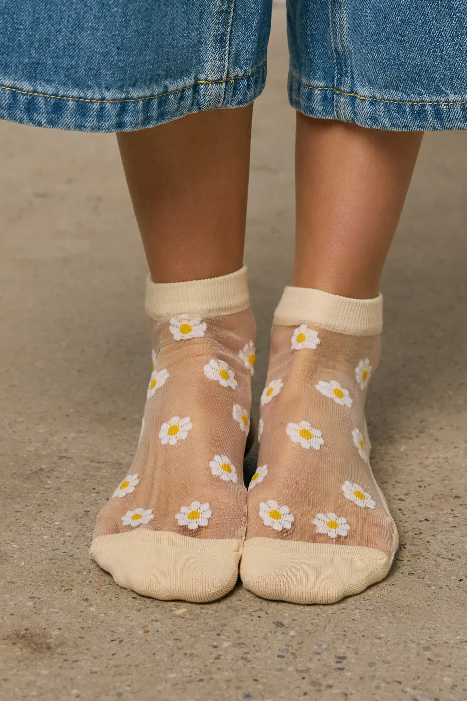 Sheer Striped Floral Socks in Nude sold by bohme