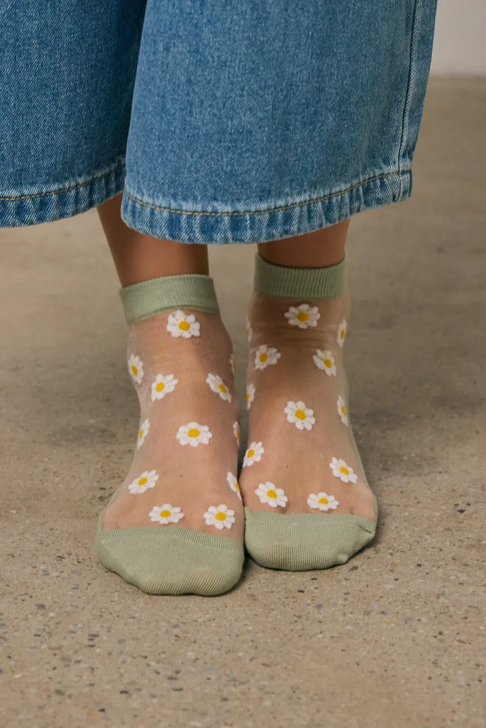 Sheer Striped Floral Socks in Sage sold by bohme